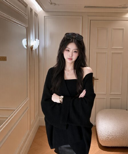 실사 2026 새로운 느긋한 바람 니트 오픈 가디건 여성 코트 닦아내 라. 가슴 안쪽 가져 가라. 세련된 세트 스웨터 투피스 세트