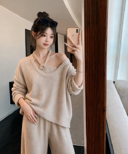 실사 오래된 돈 바람 3 차원 꽃 행침 목 슬립 불규칙 비스듬한 어깨 긴팔 니트 맨위 긴 바지 세트