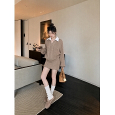 批发轻熟简约风衬衫领针织套装女秋冬假两件高腰短裙<b class='q'>通勤</b>两件套