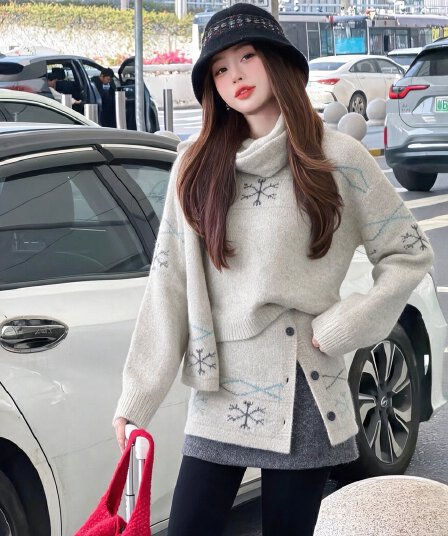 캐주얼 스포츠 슈트 여성 조기 가을 공정한 섬 느긋한 회색 니트 스웨터 스웨터 반신 짧은 치마 전체 집합