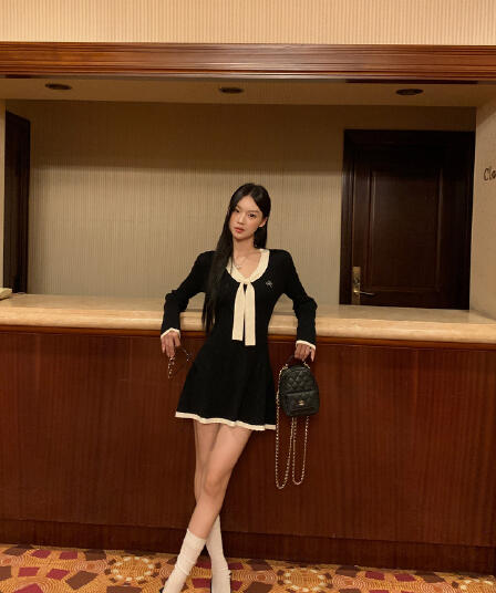 레드 맨 큐레이터 소매 여성 드레스 가을 자이언트 잘 생긴 ~ 중 프랑스식 검정색 관대 한 점잖은 아름다운 페이크 레이어드 치마
