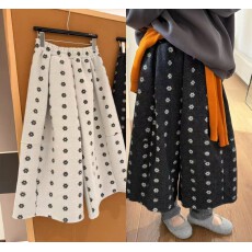 批发复古花朵松紧腰A字休闲裤女宽松显瘦毛呢阔腿裤八分裤中裤