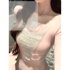 批发Hotdog 热狗很辣【晚宴流光】白色针织打底外穿拼接设计感<b class='q'>连衣裙</b>