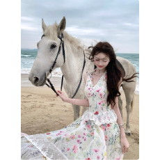 批发Q女家 3/23 水仙花涧/春夏度假彩绘镂空花边碎花仙气大伞摆长裙