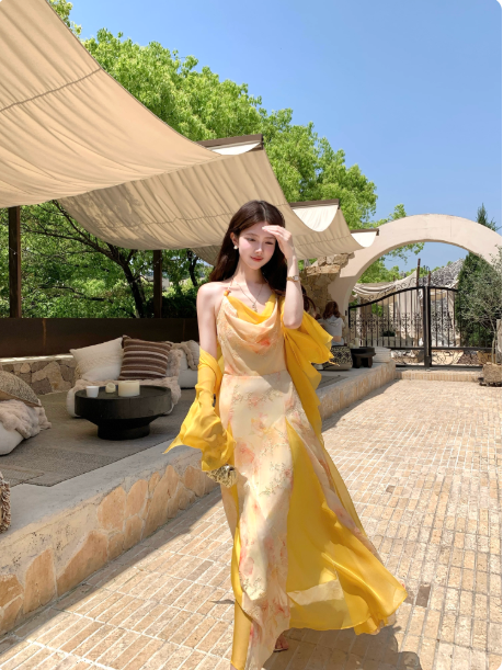 acaine4 28 20 00 95 할인 뮤즈 꽃 상황 휴가 바람 행침 목 꽃무늬 백리스 드레스