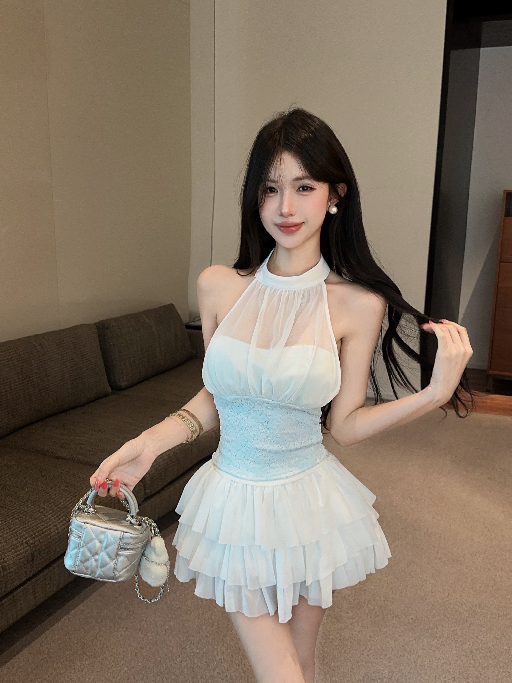 실사 정가 핫걸 작은 샤넬 스타일 세트 여성 순수한 욕망 품격 레이스 조각 망사 행침 목 조끼 케이크 드레스