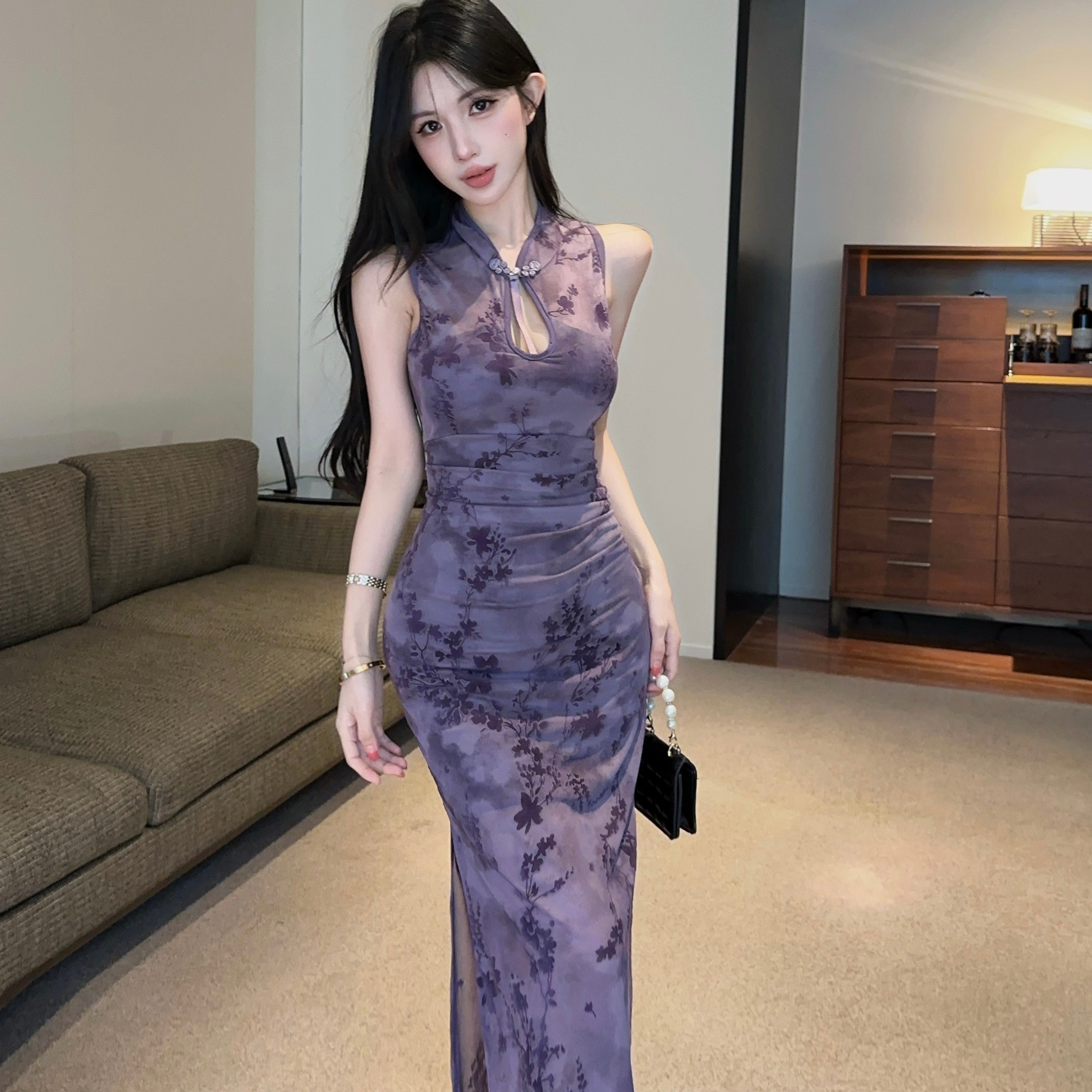 실사 정가 새로운 중식 개선 홀로우 아웃 치파오 드레스 여름 순수한 욕망 품격 슬림해 보이는 타이트 스커트 롱 스커트
