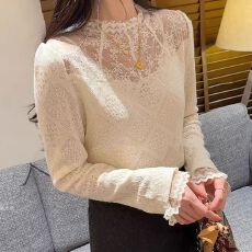 批发韩版通勤风<b class='q'>白色</b>蕾丝拼接打底衫上衣2026春季新款显瘦针织t恤女装