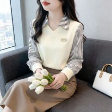 批发高档假两件Polo领上衣时尚宽松卫衣女2026春秋衣长袖T恤