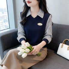 批发高档假两件Polo领上衣时尚宽松卫衣女2026春秋衣长袖T恤