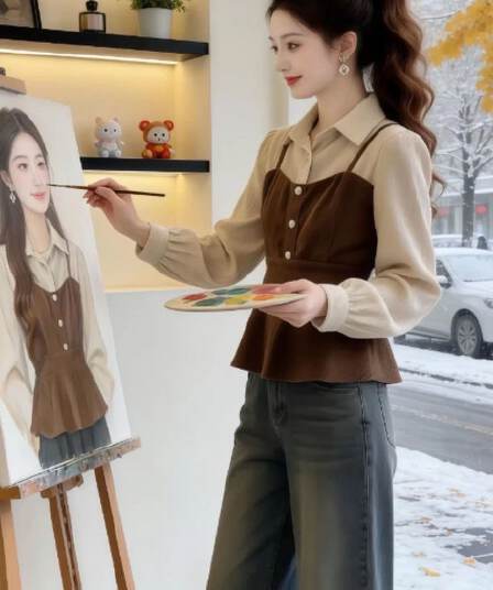 고급 센스 페이크 레이어드 패치워크 긴팔 여성 셔츠 봄 가을 새로운 다용도 외국 가스 패션 품격 셔츠 맨위 트렌디