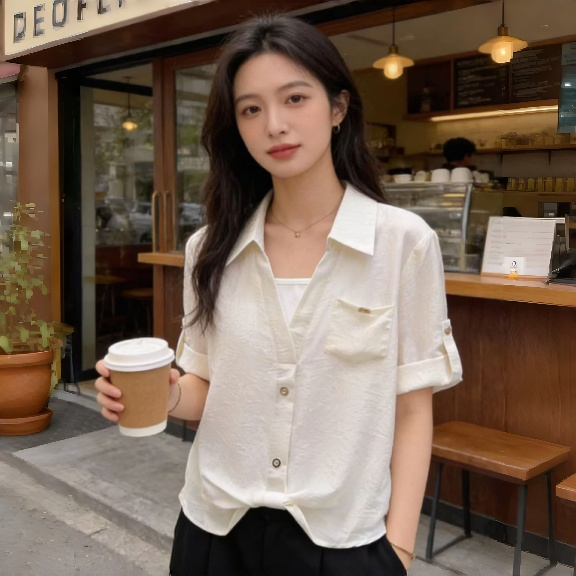 RY2118# 假两件Polo领七分袖衬衫女春夏法式小资减龄气质单穿别致独特上衣
