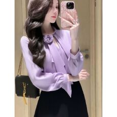 批发气质名媛紫色立体花朵上衣女2026秋季轻奢高级感时髦洋气百搭衬衣
