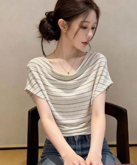 디자인 센스 흔들다 칼라 스트라이프 반팔 티셔츠 여성 여름 패션 외국 가스 연령 감소 다용도 동정 한 부서 아름다운 작은 맨위