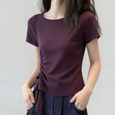 批发飘带设计<b class='q'>不规则</b>掐腰显瘦短袖T恤女2026夏季新款洋气高级显瘦小衫