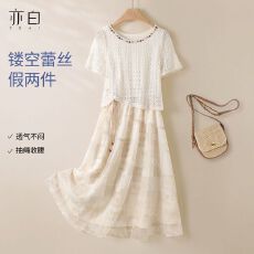 批发2026夏季白色镂空蕾丝假两件<b class='q'>连衣裙</b>女抽绳收腰显瘦长裙