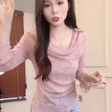 批发早秋荡领网纱长袖T恤女扎染晕染木耳边修身显瘦<b class='q'>不规则</b>打底衫上衣