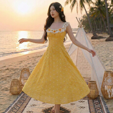 批发实拍 :法式田园风黄色吊带蕾丝立体花朵少女感海边度假风连衣裙