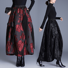 批发实拍 国风浮雕提花半身裙女秋冬新款时尚不规则中长款拼纱花苞裙