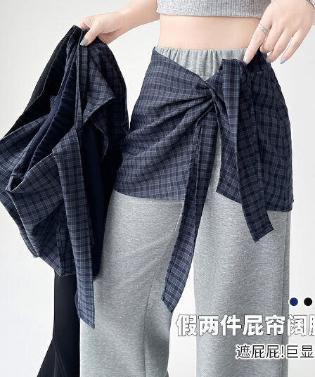 페이크 레이어드 체크무늬 패치워크 캐주얼 바지 여성 봄 여름 새로운 디자인 센스 랩스커트팬츠 와이드 레그 팬츠 하이웨이스트 부츠컷 롱 바지