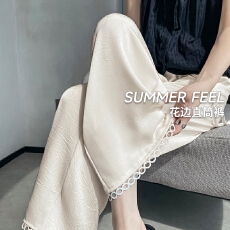 批发缎面肌理感直筒裤女夏季新款蕾丝花边休闲阔腿裤醋酸小个子<b class='q'>九分裤</b>