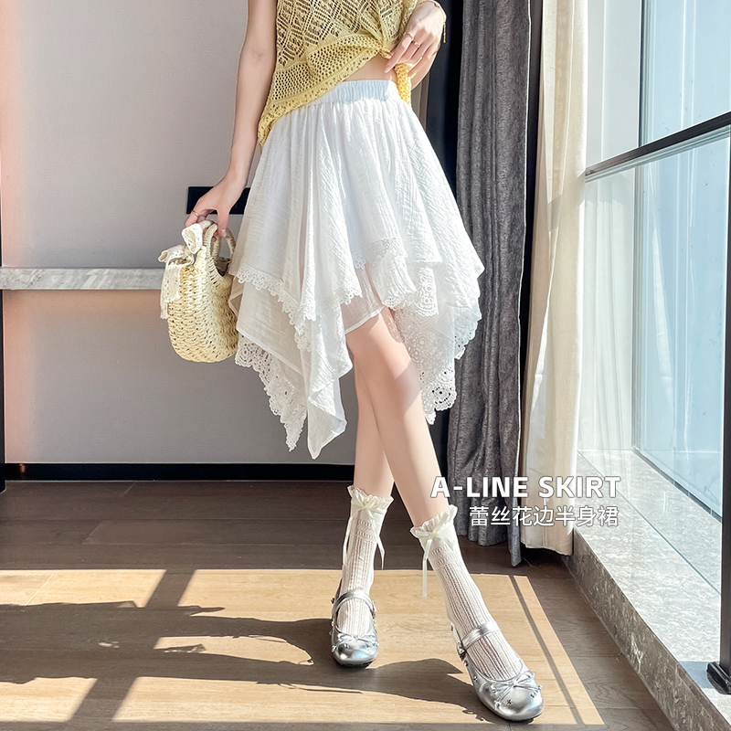 不规则拼接半身裙女夏季新款设计感蕾丝花边蛋糕裙高腰A字裙中裙
