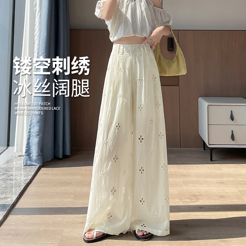 RY3605# 韩系钩花镂空蕾丝阔腿裤女夏季2026新款高腰宽松设计感直筒休闲裤