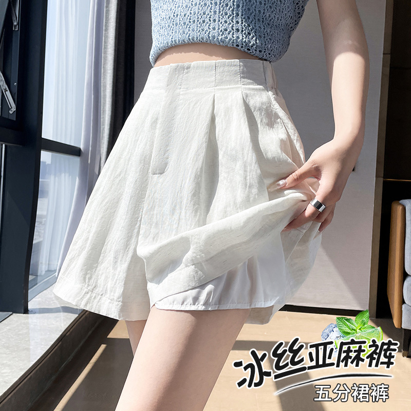 冰丝亚麻短裤女夏季新款外穿休闲阔腿裤小个子高腰显瘦棉麻五分裤