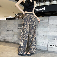 天丝亚麻复古豹纹阔腿裤女2026夏季高腰垂感直筒松驰感休闲长裤子