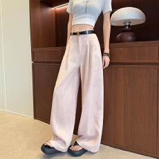 批发粉色亚麻阔腿裤女2026夏季薄款高腰垂感老钱风<b class='q'>西装</b>直筒棉麻休闲裤