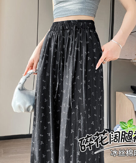 한 부서 꽃무늬 와이드 레깅스 바지 여름 얇은 스타일 2026 새로운 루즈핏 캐주얼 바지 프린트 얼음 실크 면 린넨 도루 센스 긴 바지