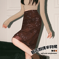 批发复古刺绣鹿皮绒半身裙<b class='q'>女</b>2026秋季新款中裙拼接网纱a字高腰包臀裙
