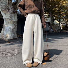 批发秋冬季软糯羊绒混纺<b class='q'>裤子</b>女高腰设计感卫裤宽松显瘦窄版弯刀休闲裤