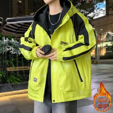 加绒保暖外套男秋冬季美式扎染连帽夹克男款工装风宽松机能冲锋衣