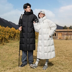 批发羽绒服男女情侣户外工装连帽长款外套白鸭绒潮牌爆款保暖羽绒服