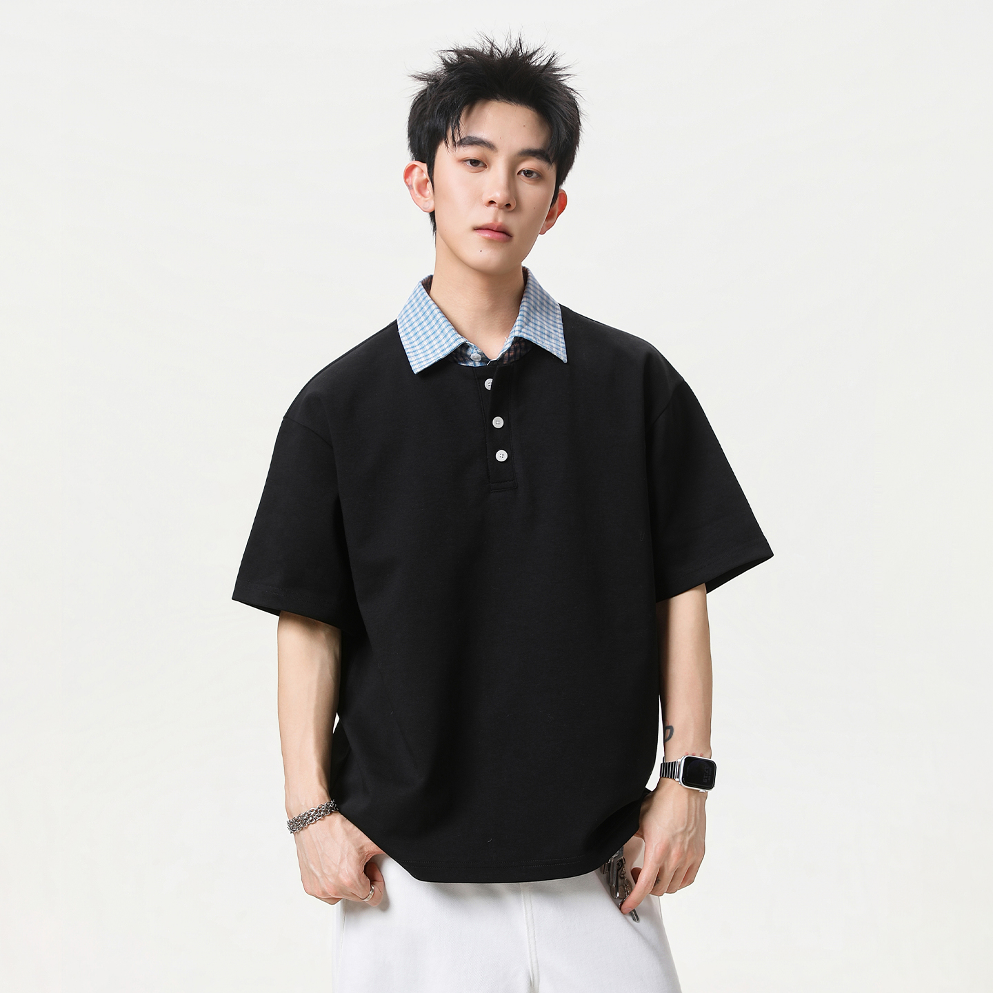 학원 스타일 페이크 레이어드 POLO 셔츠 남자 여름 섹션 일본식 체크무늬 패치워크 디자인 센스 루즈핏 캐주얼 반팔 t