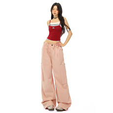 批发<b class='q'>糖果</b><b class='q'>色</b>｜松紧腰抽绳设计大口袋工装宽松休闲阔腿裤