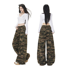 批发实拍美式<b class='q'>松紧腰</b>复古迷彩裂纹印花休闲卫裤遛弯裤长裤&加长