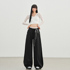 批发实拍黑色假两件弯刀休闲裤女蕾丝双腰头宽松阔腿裤