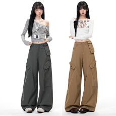 批发实拍雅痞辣妹｜潮牌设计感工装阔腿裤女斜口袋显瘦休闲长裤加长