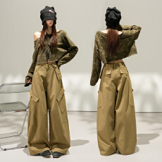 批发实拍潮牌设计感工装阔腿裤女斜口袋显瘦休闲长裤加长