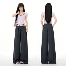 批发实拍盐系休闲｜褶皱直筒休闲<b class='q'>西装</b>裤女简约通勤穿搭垂感拖地阔腿裤