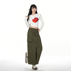 批发实拍苔绿色百搭休闲复古显瘦高腰开衩直筒半身牛仔长裙女