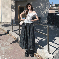 批发实拍高腰格纹复古撞色肌理感格子半身裙女2026春抽绳下摆a字<b class='q'>长裙</b>