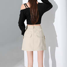 批发实拍工装风多口袋牛仔半身裙女高腰显瘦休闲百搭A字包臀短裙