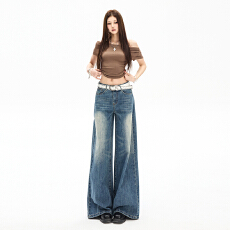 批发实拍复古水洗做旧蓝牛仔裤春<b class='q'>夏</b>新款垂感阔腿直筒牛仔裤长裤&加长