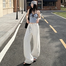 批发实拍设计新色云上白<b class='q'>牛仔裤</b>女复古晕染阔腿休闲裤个性百搭直筒裤