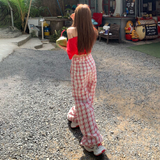 批发实拍26美式高腰宽松阔腿<b class='q'>裤</b><b class='q'>排扣</b>设计<b class='q'>格子</b>慵懒春夏百搭休闲<b class='q'>裤</b>女新款