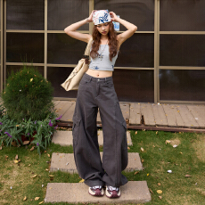 批发实拍美式复古高腰宽阔阔腿裤百搭垂感春夏弯刀裤翻边工装牛仔裤女