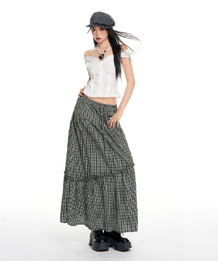 실사 26th ootd 봄 새로운 흑인과 백인 체크무늬 주름 반신 스커트 여성 휴가 소녀 센스 반 스커트
